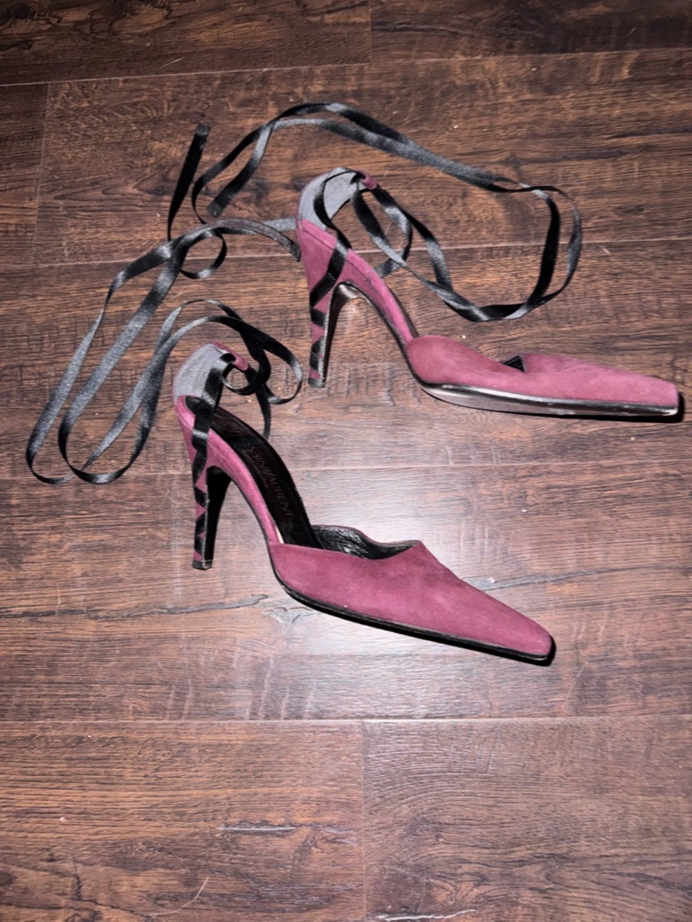 Vintage Yves Saint Laurent Burgundy Suede Ribbon Wrap Heels Pumps Size 38 Italy